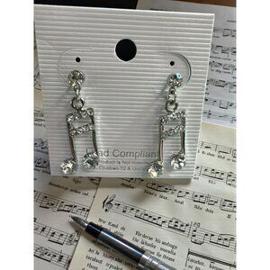 Musical Note Rhinestone Earrings – Dangle Style – Sparkly Silver – Music Lover G